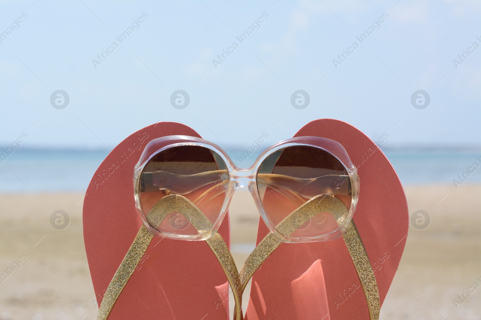 Photo of Stylish pink flip flops with sunglasses near sea on sunny day, closeup