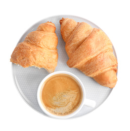 Photo of Fresh croissants and coffee isolated on white, top view