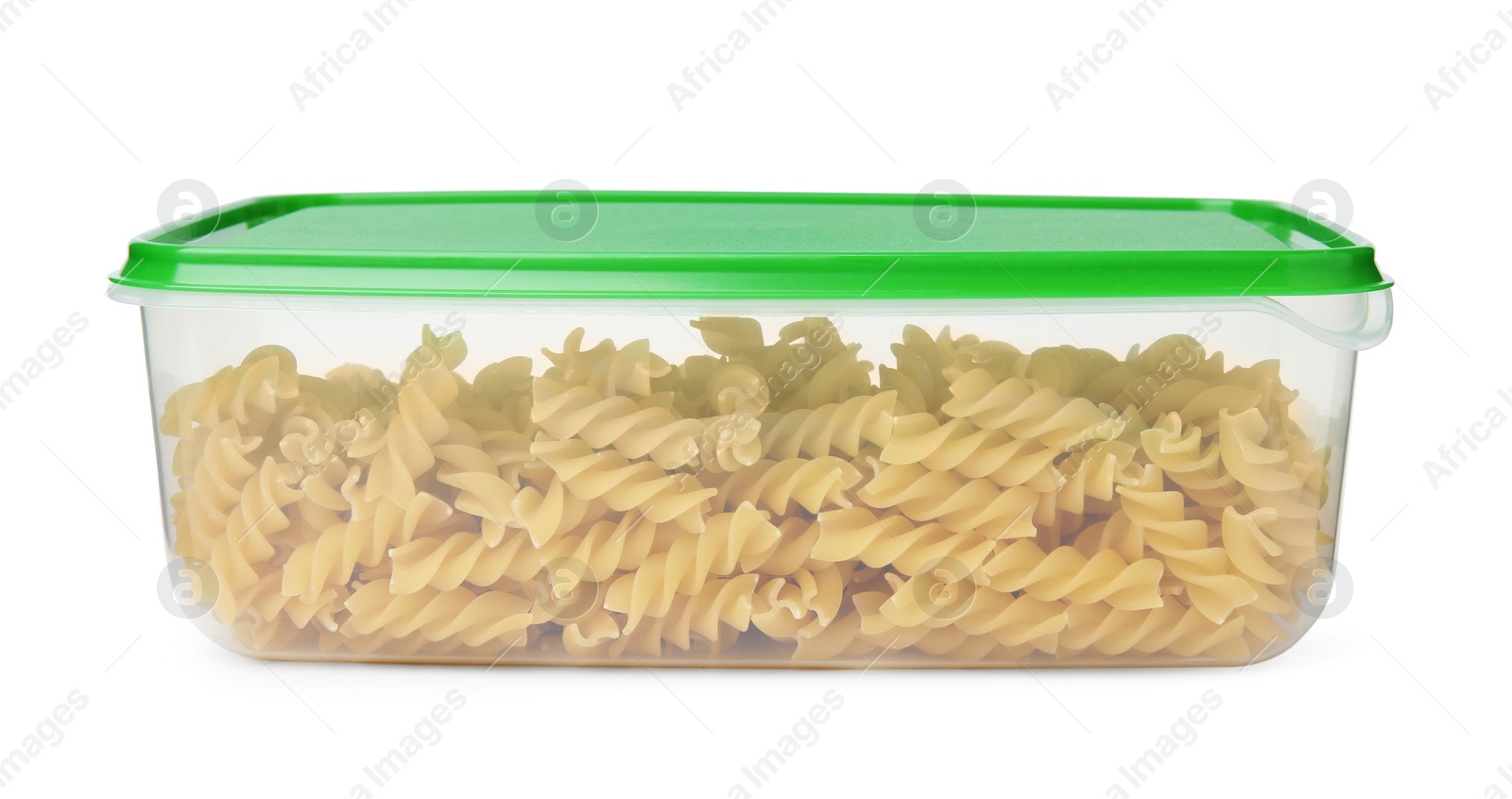 Photo of Plastic container filled with pasta isolated on white