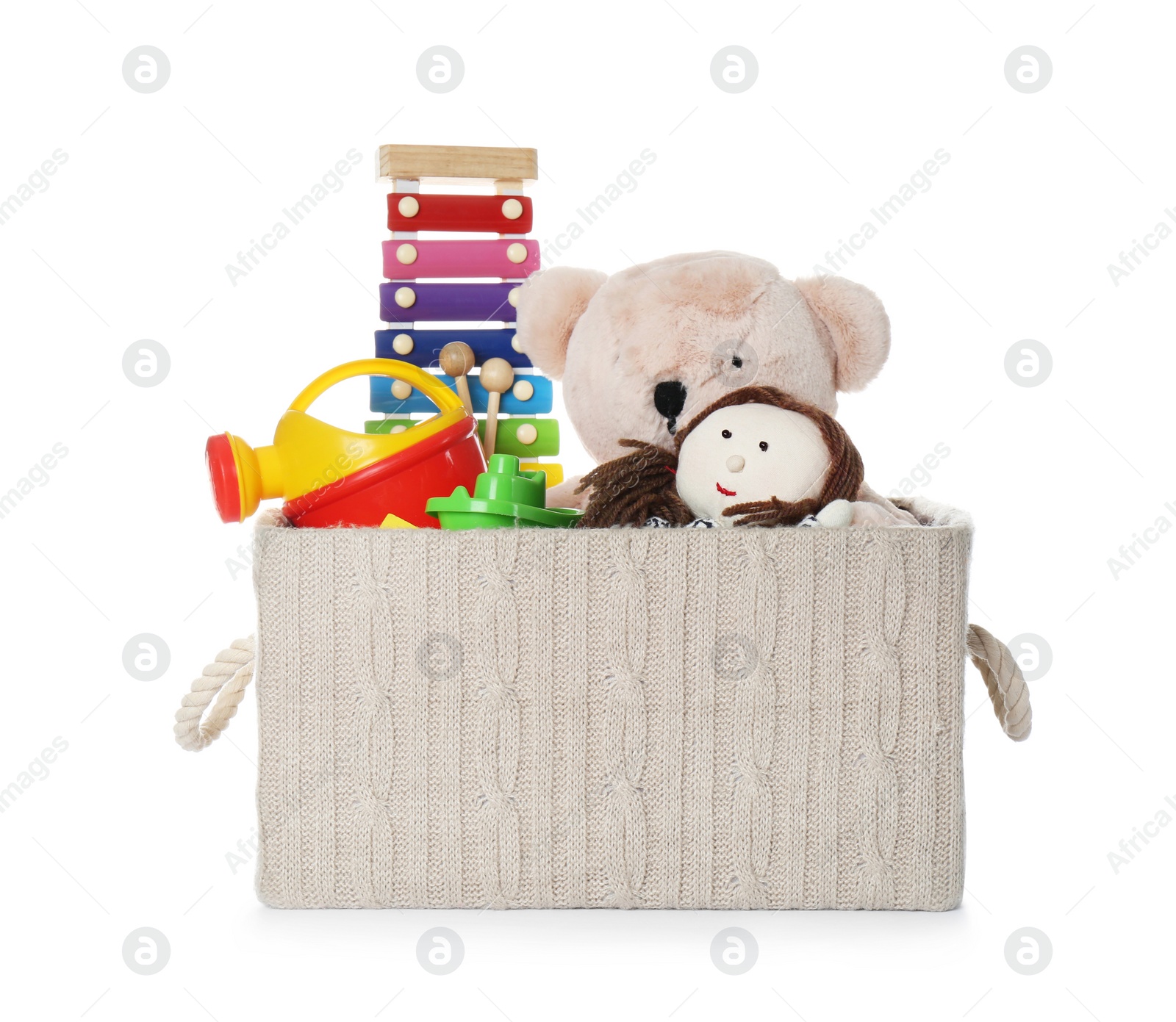 Photo of Box with different child toys isolated on white