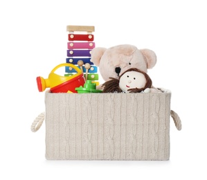 Photo of Box with different child toys isolated on white