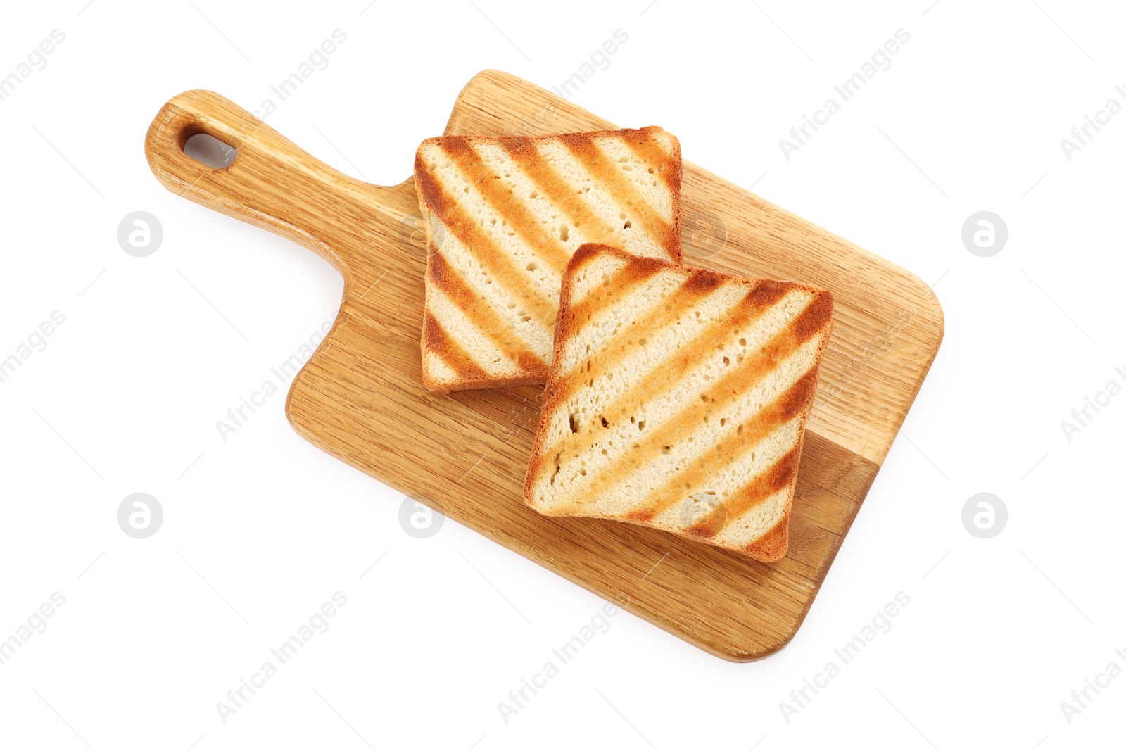 Photo of Board with slices of delicious toasted bread on white background, top view