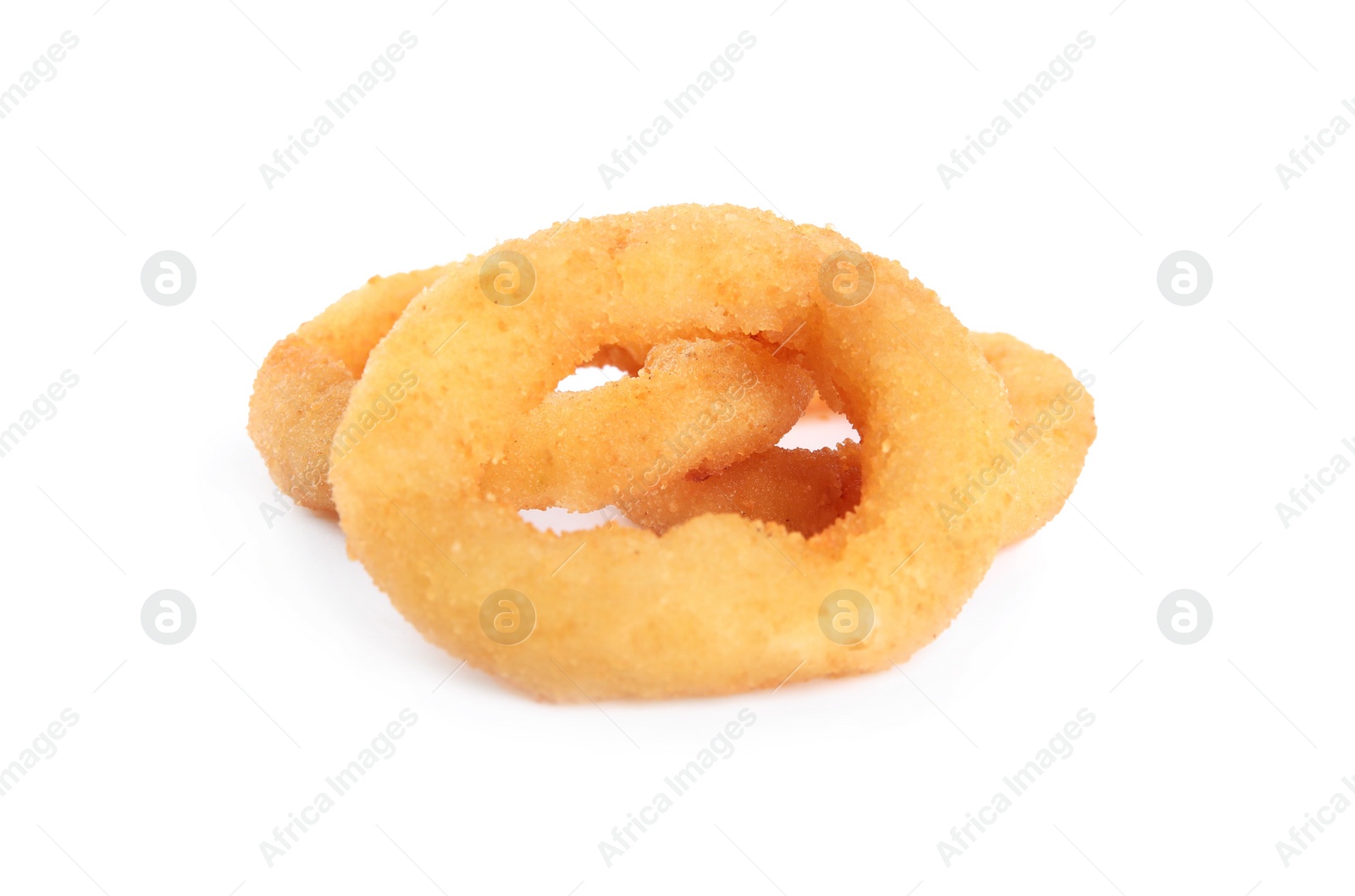 Photo of Delicious golden onion rings isolated on white