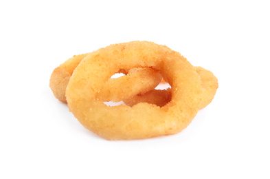 Photo of Delicious golden onion rings isolated on white