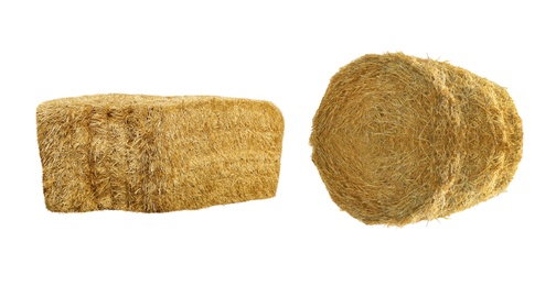 Set of hay bales on white background. Agriculture industry