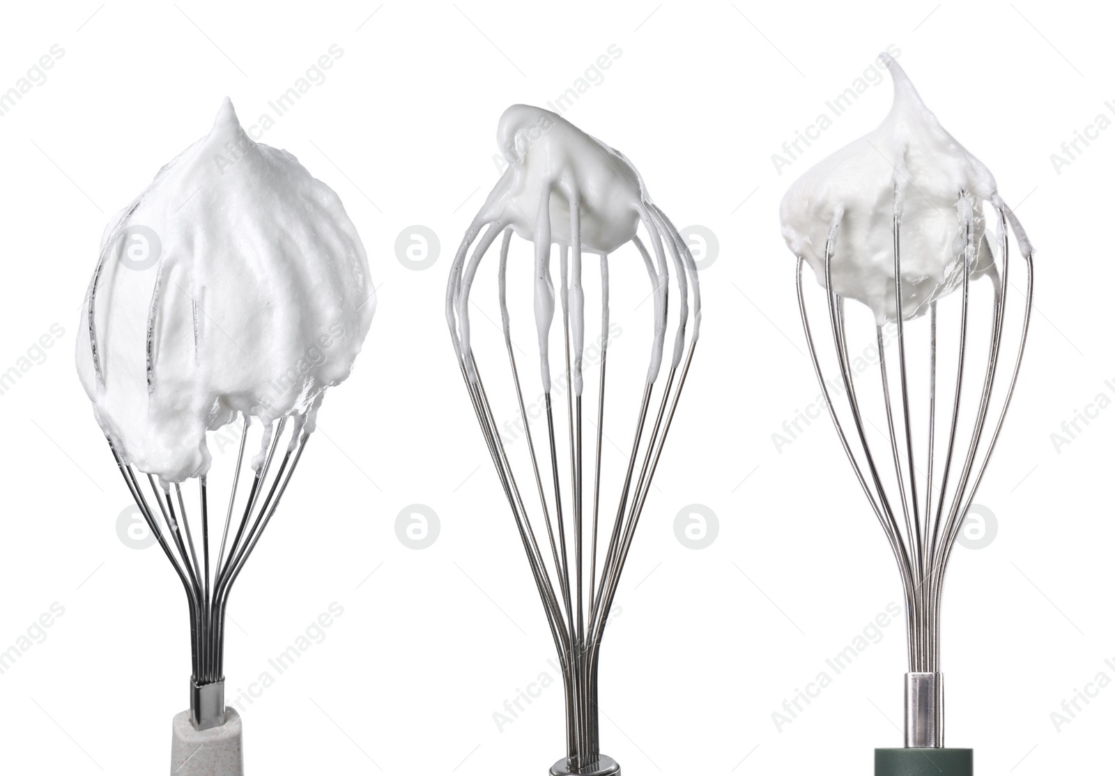 Image of Many different whisks with cream isolated on white, collection