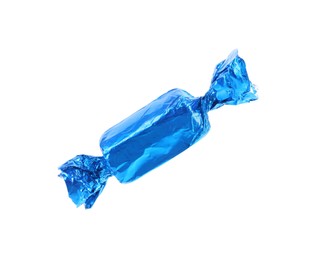 Photo of Tasty candy in light blue wrapper isolated on white