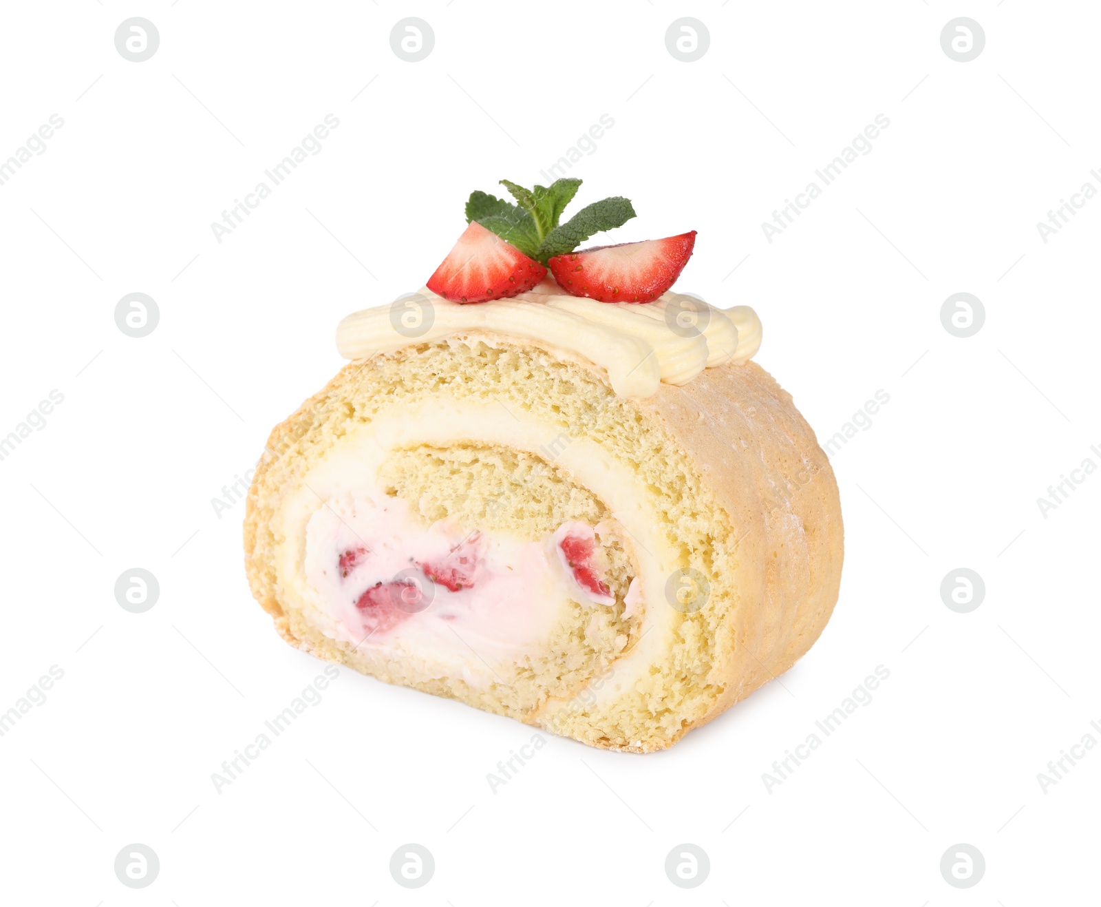 Photo of Piece of delicious cake roll with strawberries and cream isolated on white