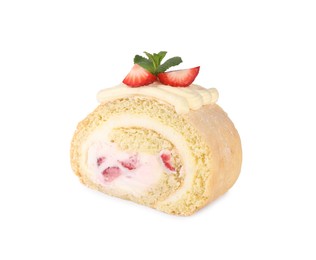 Piece of delicious cake roll with strawberries and cream isolated on white