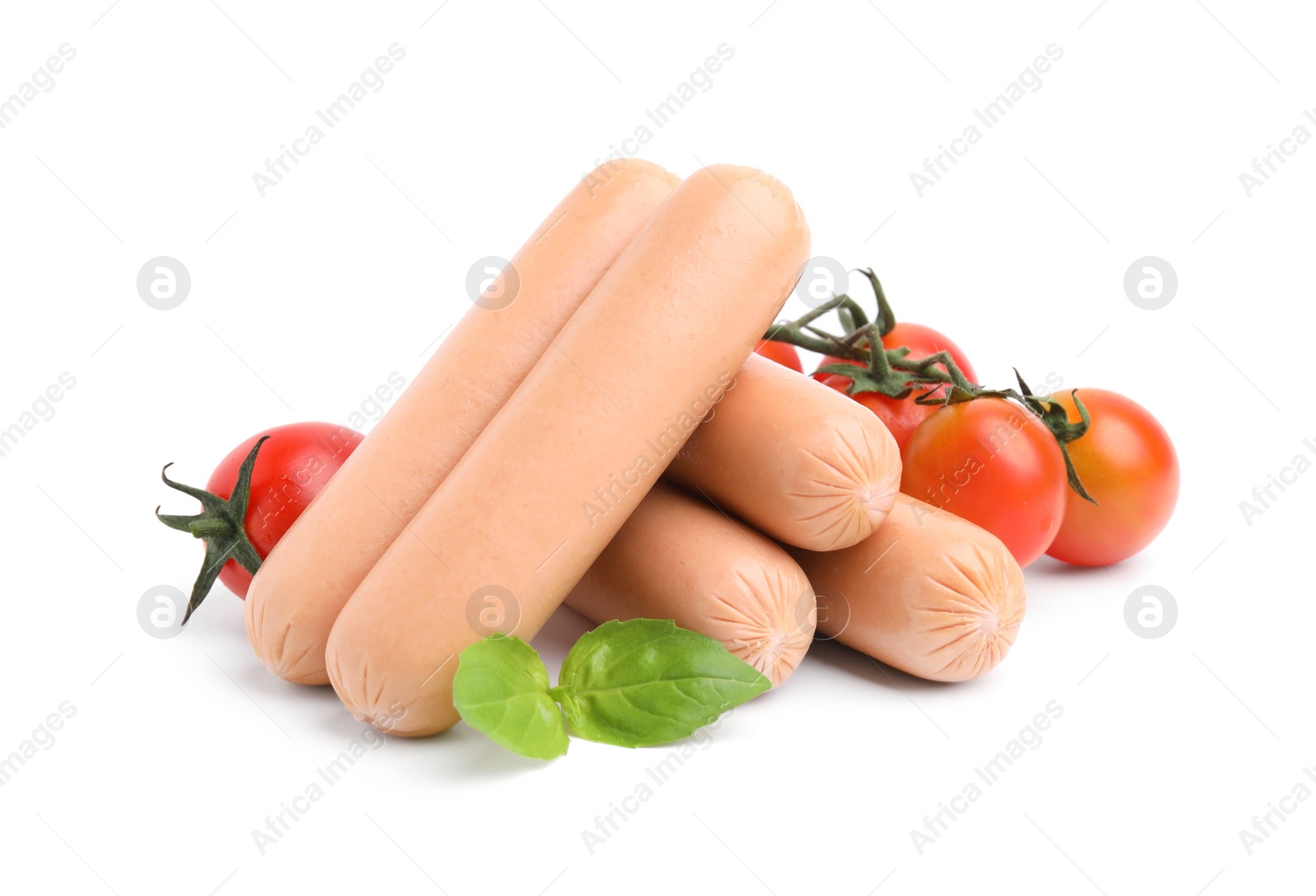 Photo of Delicious boiled sausages, tomatoes and basil on white background