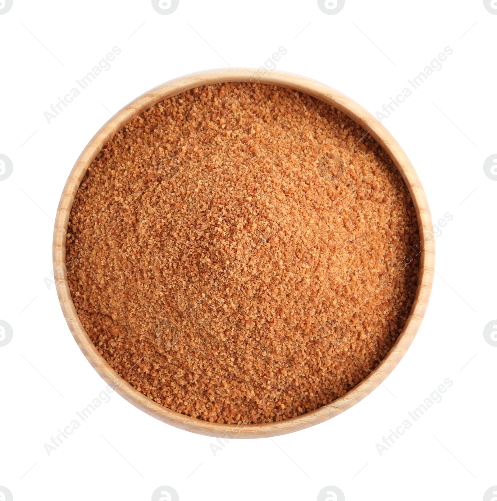 Photo of Natural coconut sugar in bowl isolated on white, top view