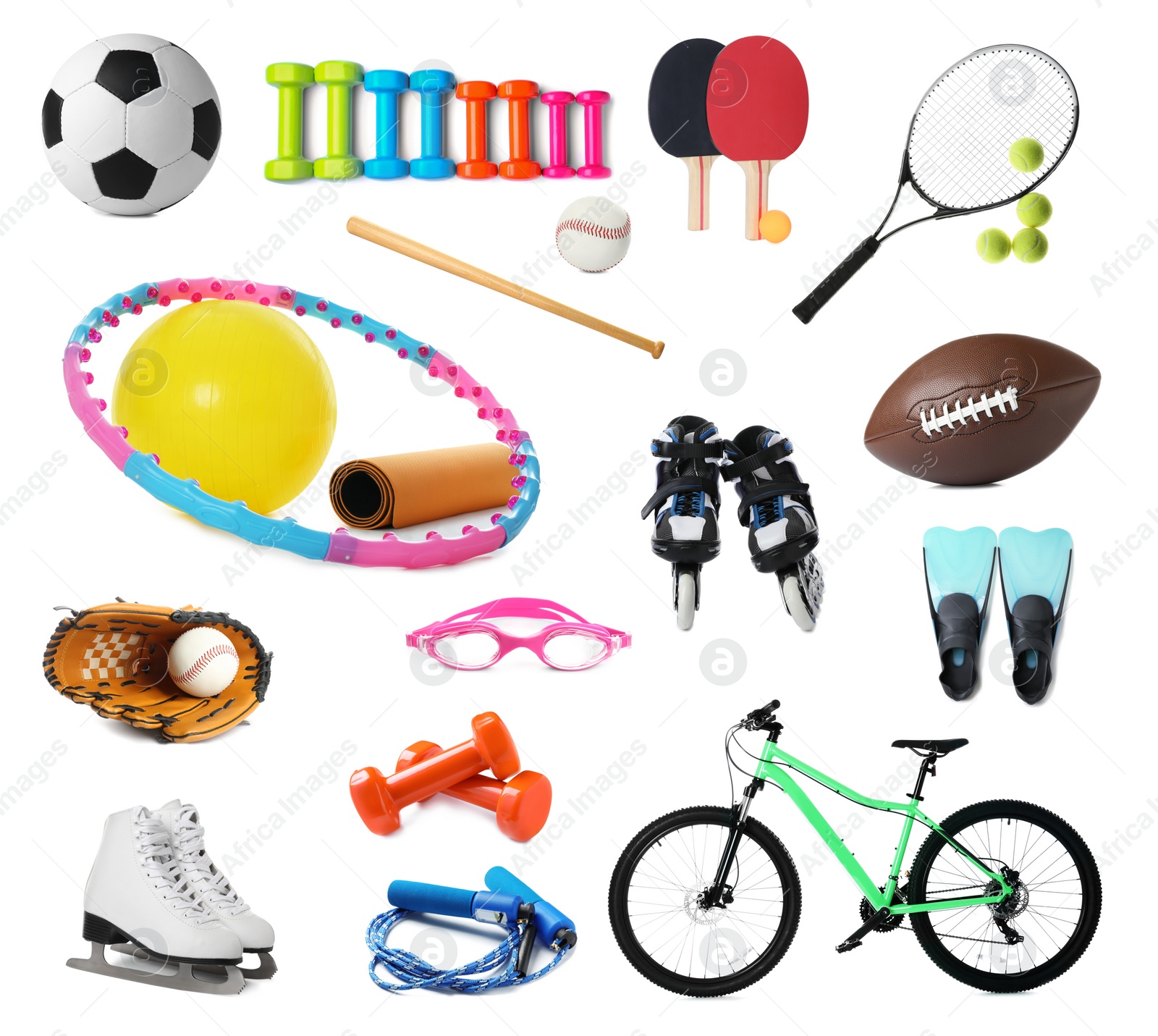 Image of Set of different sport equipment on white background