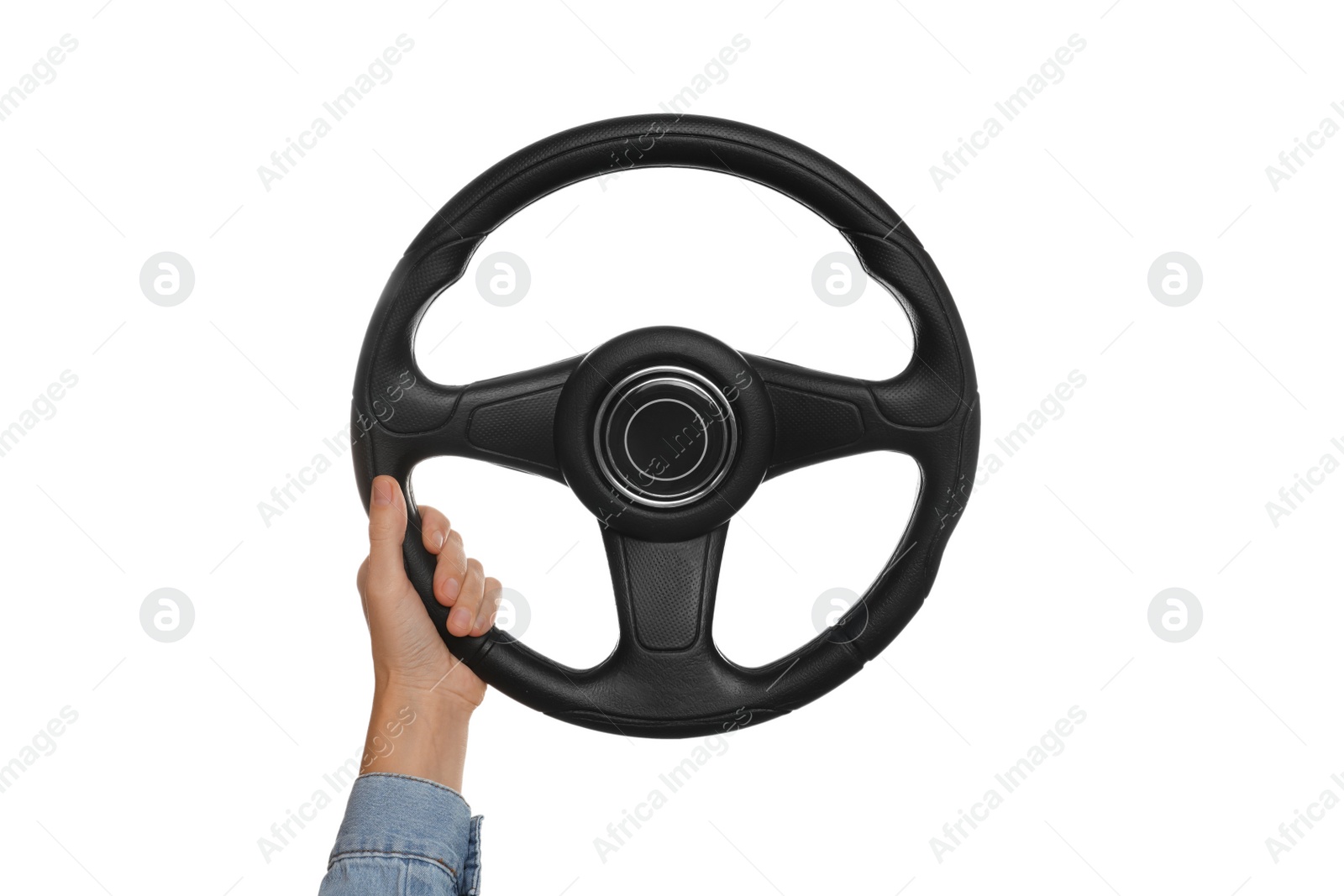 Photo of Woman with steering wheel on white background, closeup