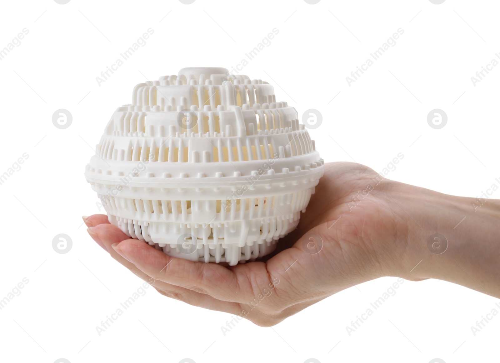 Photo of Woman holding dryer ball for washing machine isolated on white, closeup