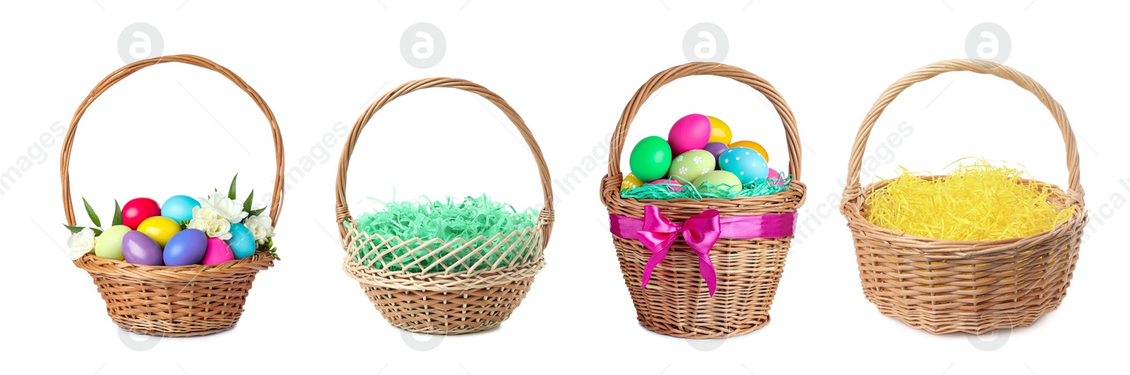 Image of Set with wicker baskets on white background, banner design. Easter item