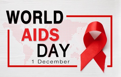 Image of World AIDS Day poster. Frame with red awareness ribbon. text and map on light background