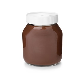 Glass jar with tasty chocolate cream isolated on white