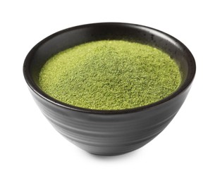 Photo of Wheat grass powder in bowl isolated on white