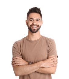 Photo of Portrait of handsome smiling man isolated on white