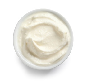 Bowl of tasty cream cheese on white background, top view