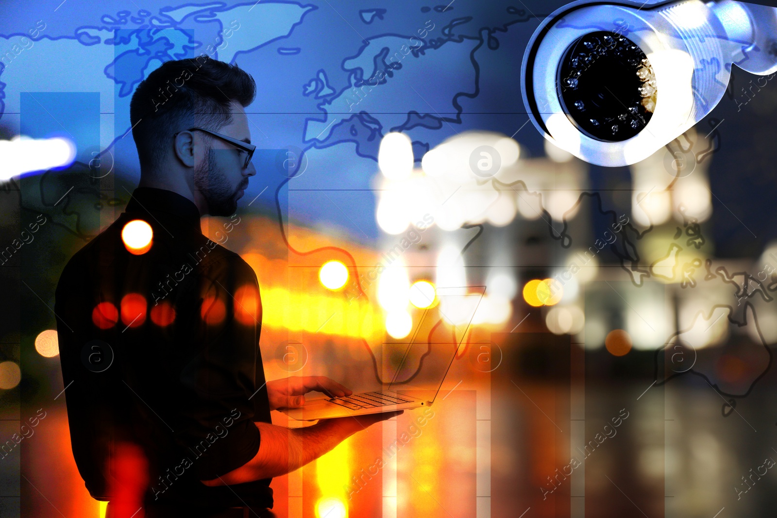 Image of Multiple exposure of young man with laptop, cctv camera and night city