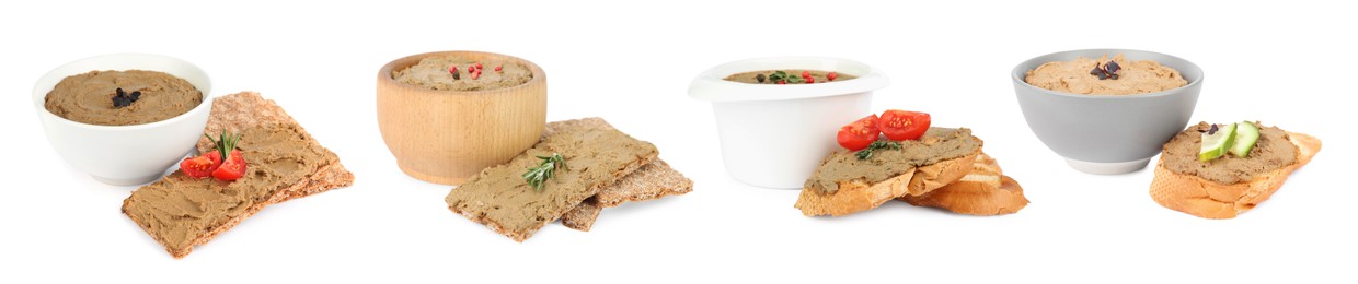 Image of Tasty liver pate, bread and crispy crackers on white background. Banner design