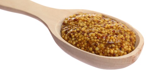 Photo of Spoon with whole grain mustard on white background, closeup