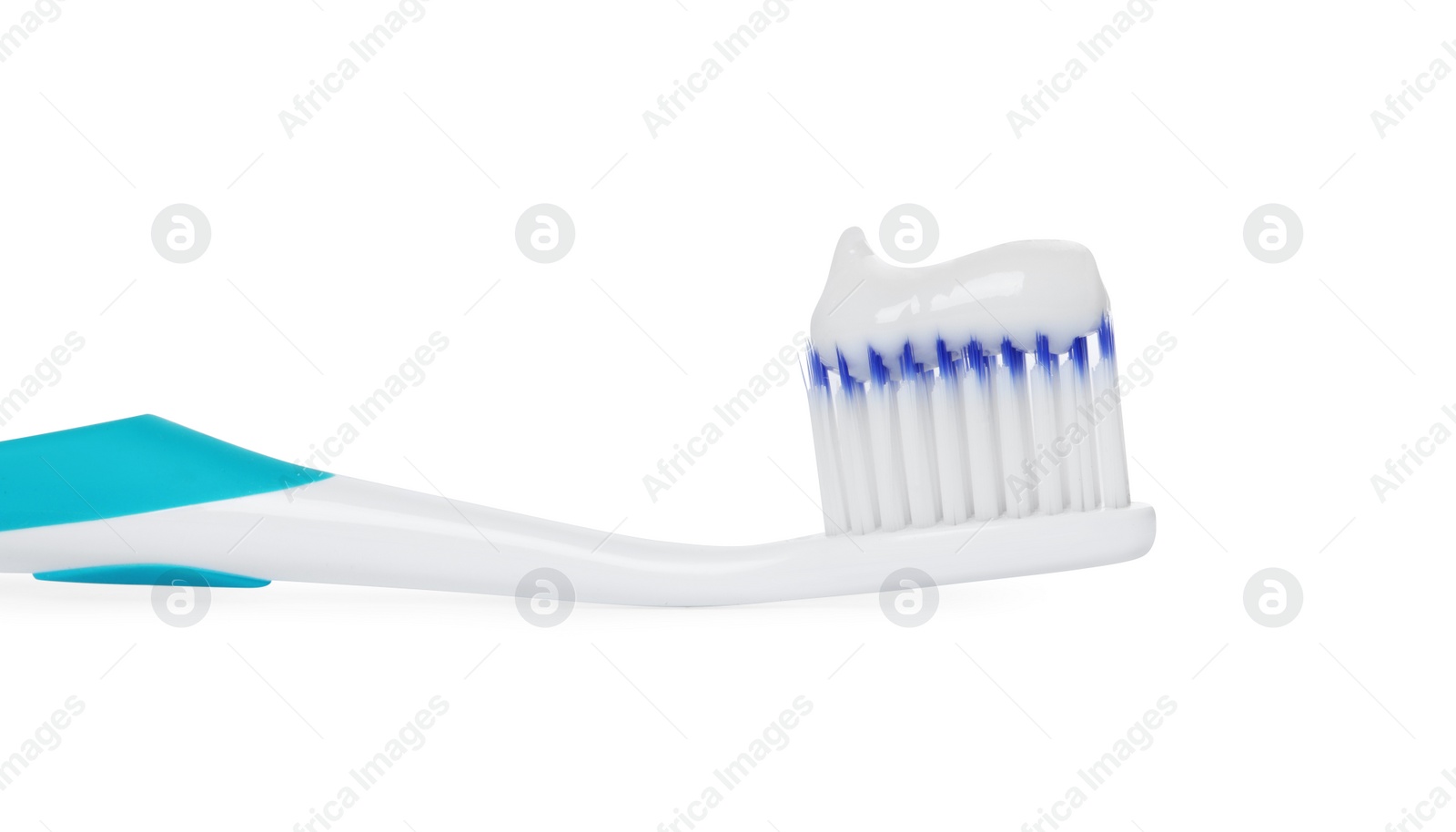 Photo of Plastic toothbrush with paste on white background