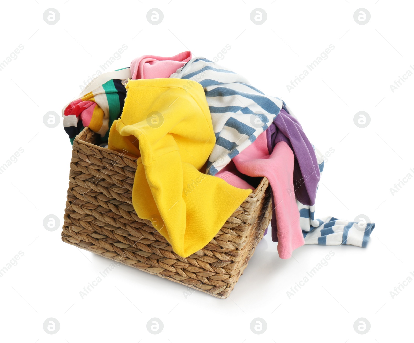 Photo of Wicker laundry basket with different clothes isolated on white