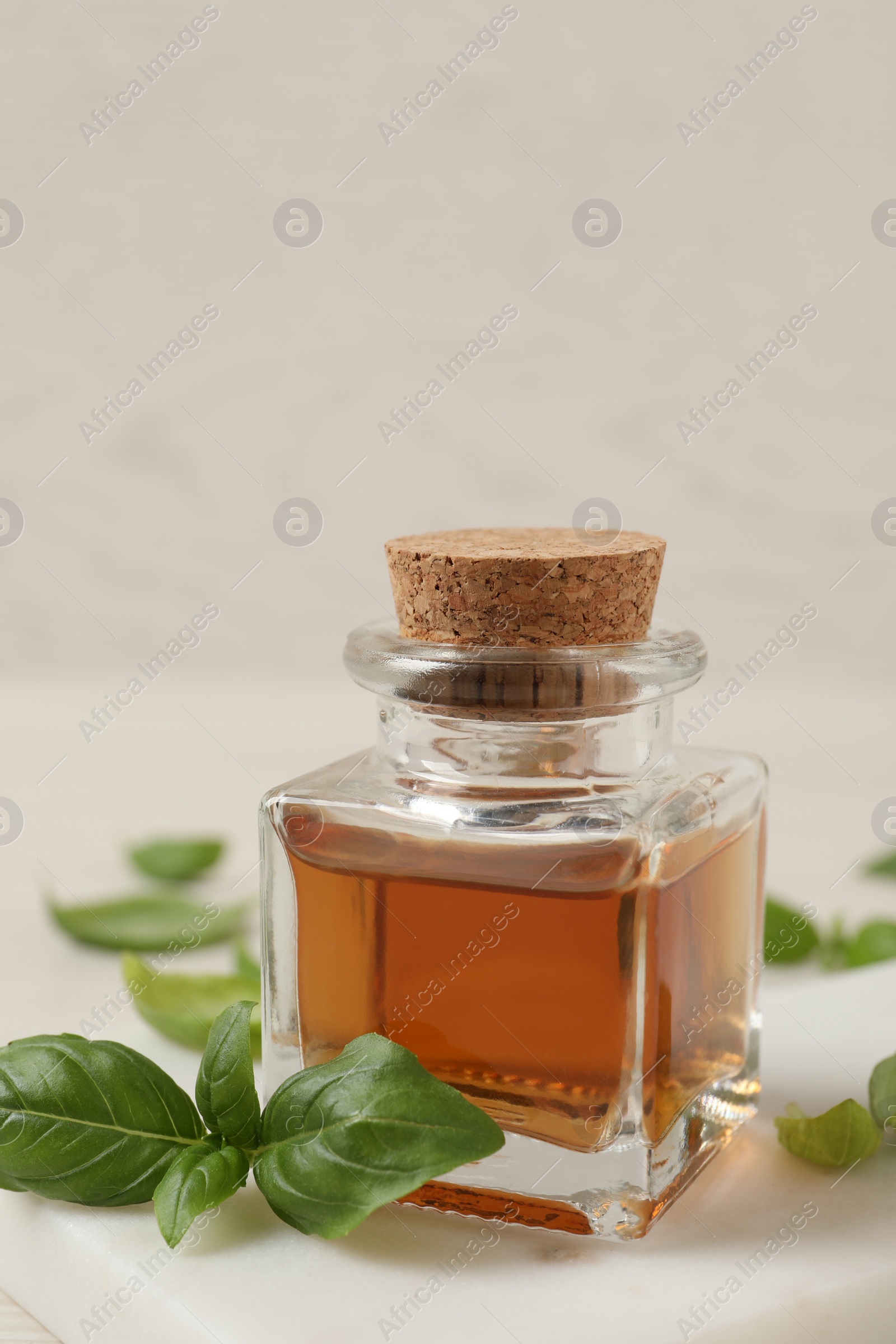 Photo of Bottle of essential basil oil and fresh leaves on white marble board