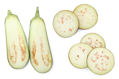 Image of Set of cut eggplants on white background, top view