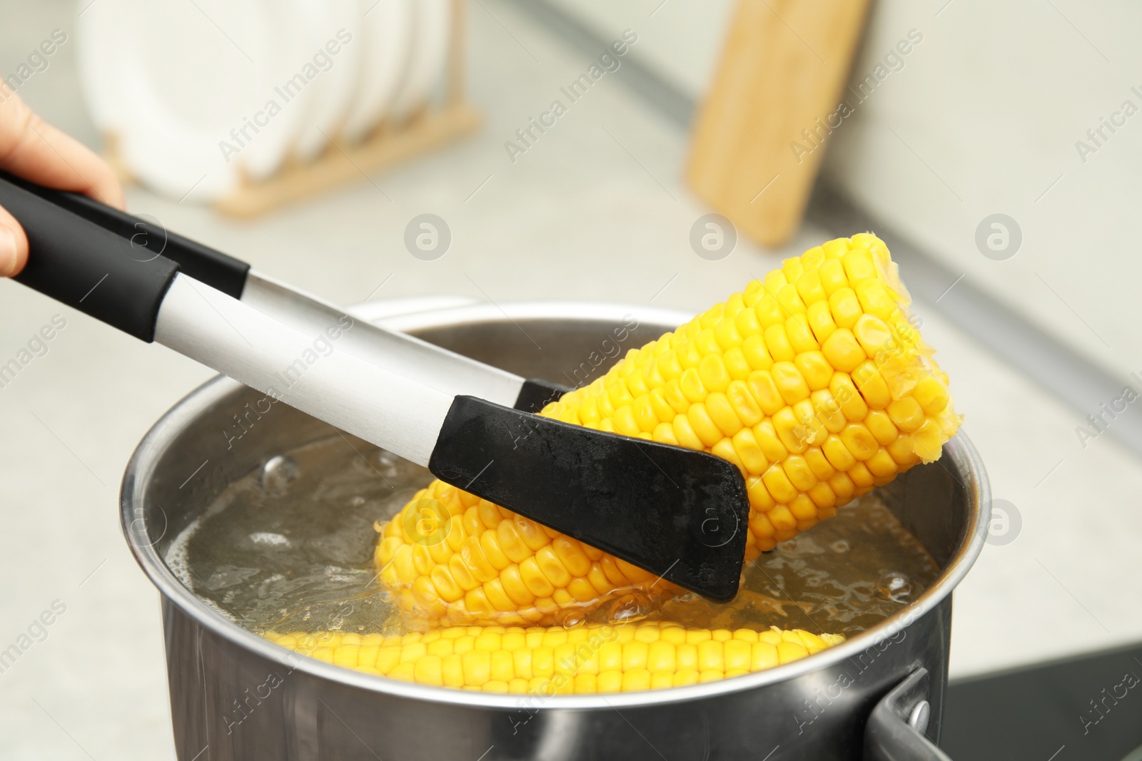 Photo of Woman taking boiled corn from pot with tongs in kitchen, closeup