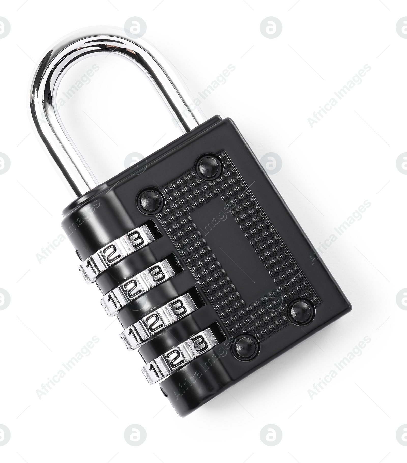 Photo of Locked steel combination padlock isolated on white, top view