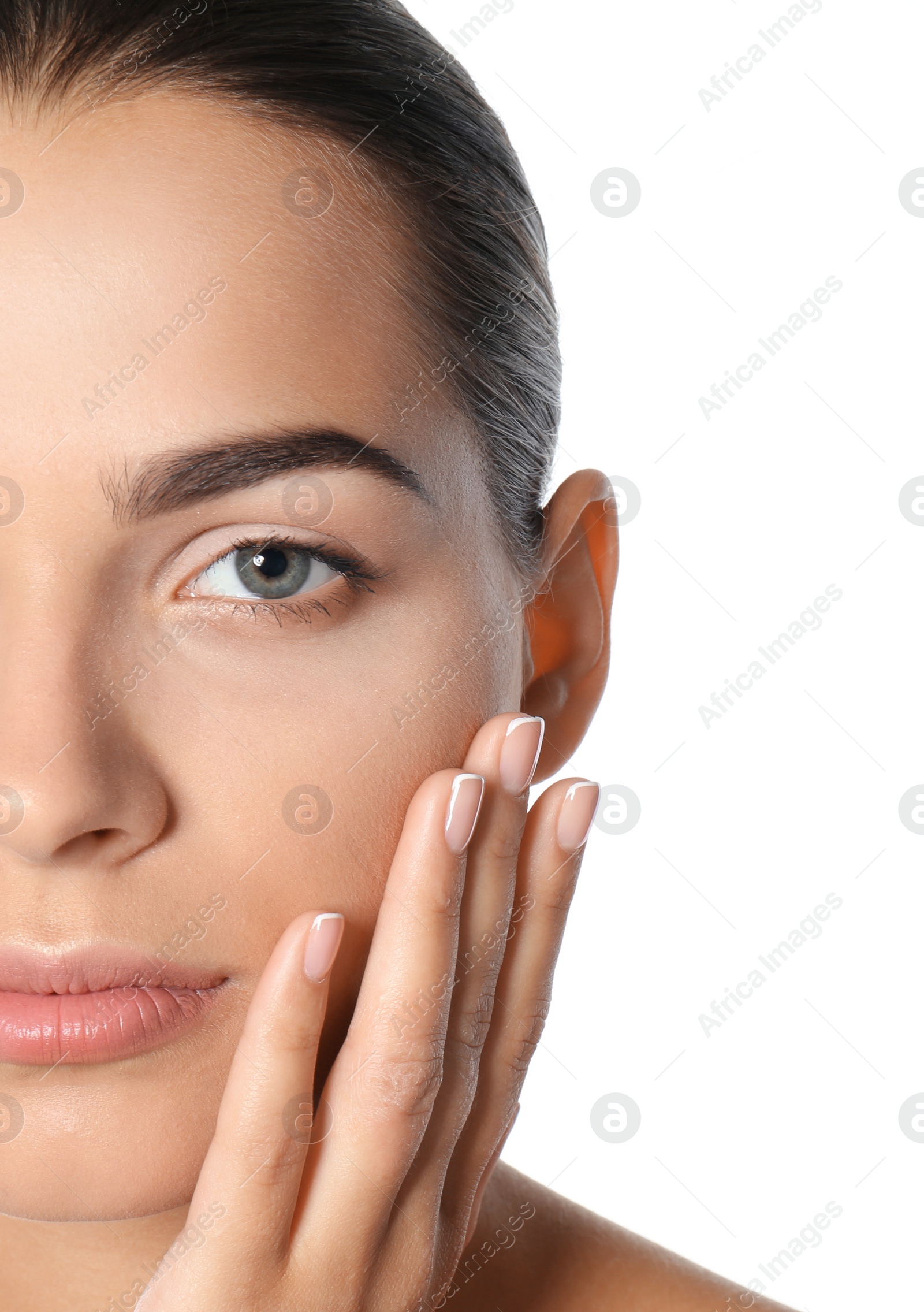 Photo of Portrait of beautiful young woman on white background. Lips contouring, skin care and cosmetic surgery concept