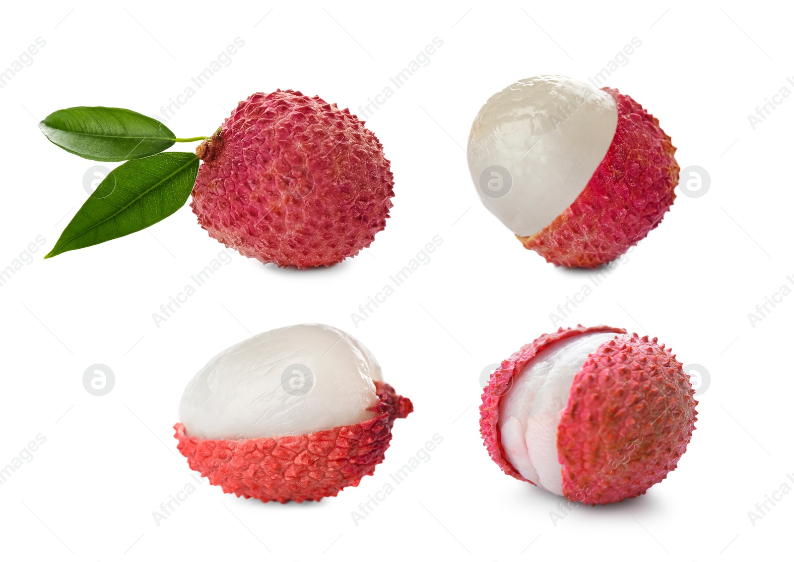 Image of Fresh lychees isolated on white, collection. Tropical fruit