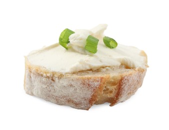 Bread with cream cheese and green onion on white background