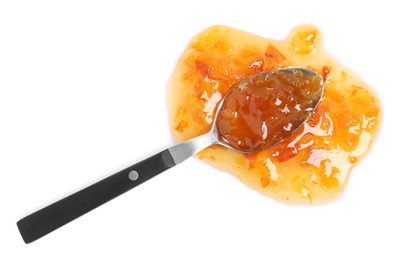 Photo of Spoon with delicious apple jam on white background, top view