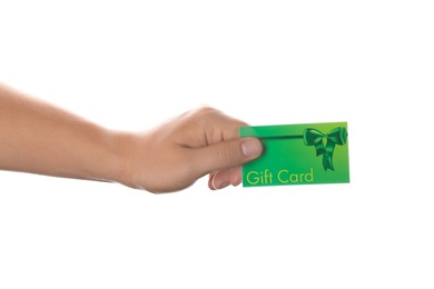 Photo of Man with gift card on white background, closeup