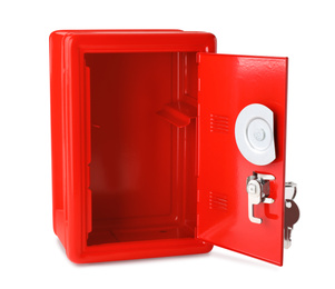 Photo of Open red steel with keys safe isolated on white