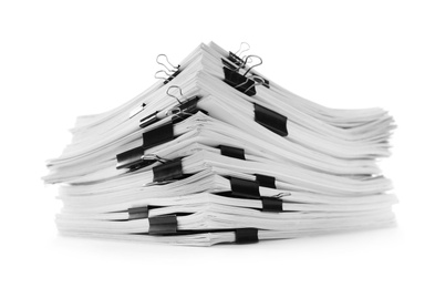 Stack of documents with black paper clips on white background