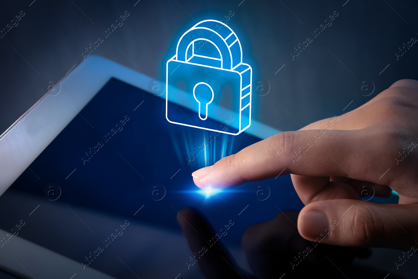 Image of Privacy protection. Woman using tablet, closeup. Illustration of padlock over device