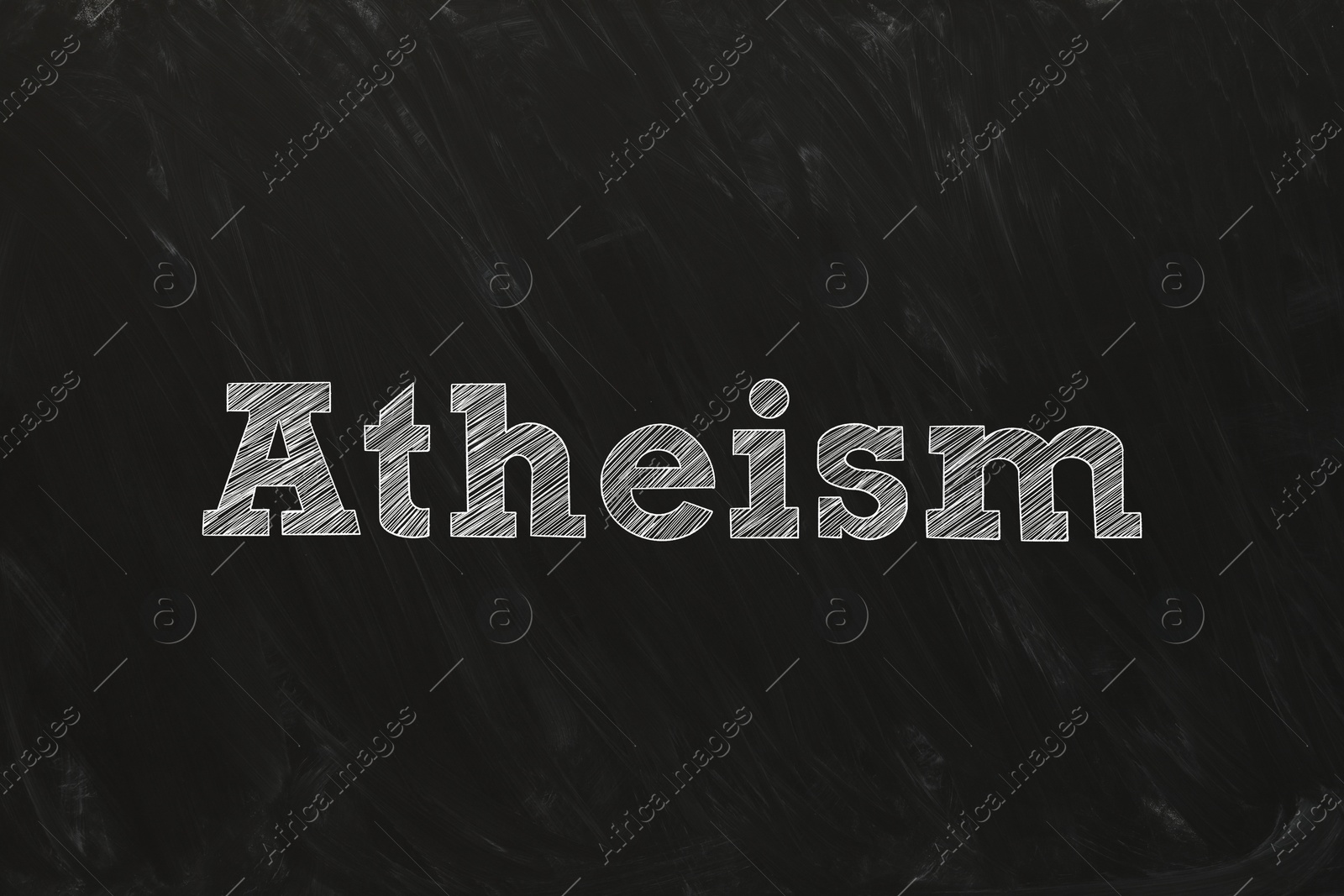Illustration of Word Atheism written on black chalkboard. Philosophical or religious position
