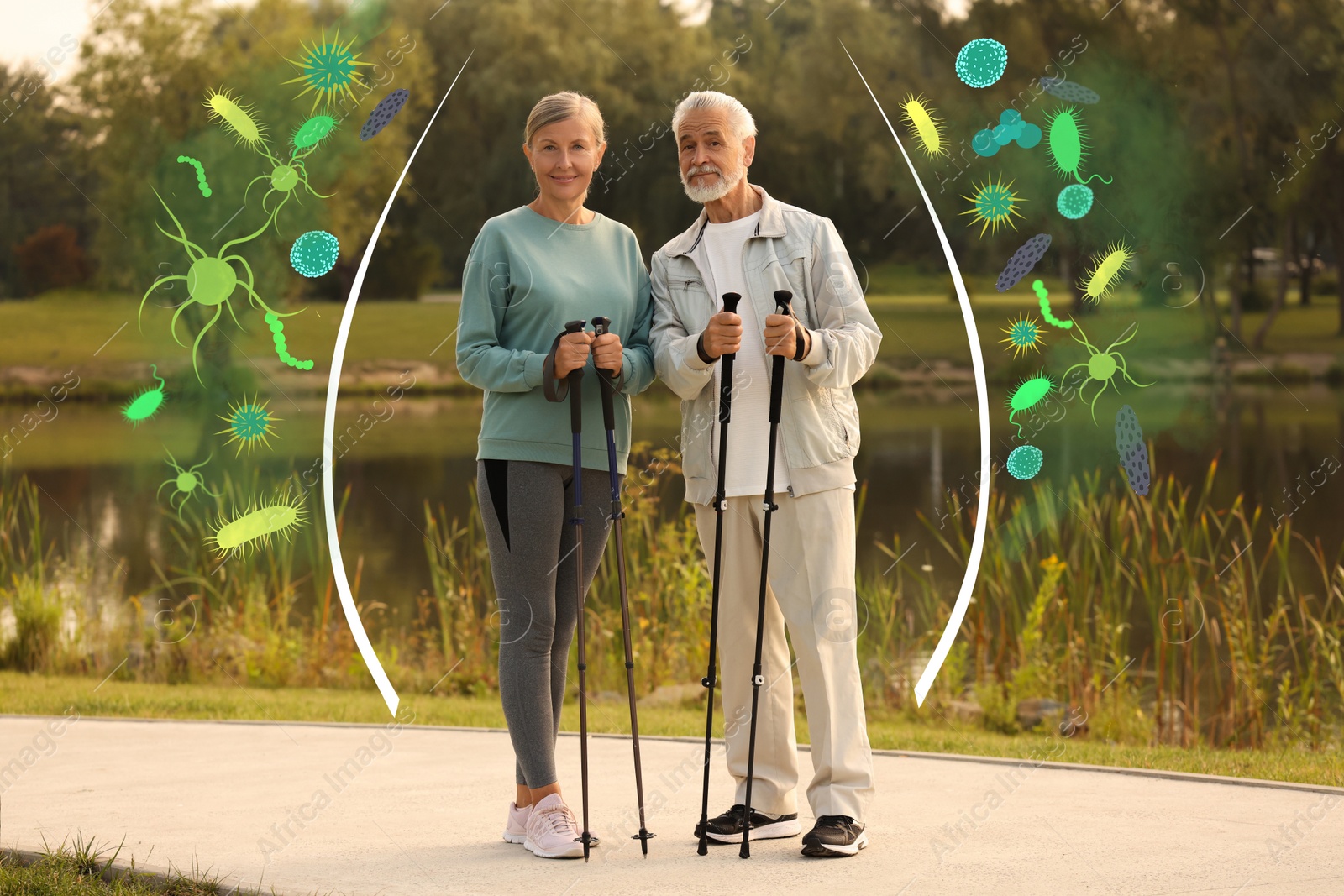 Image of Senior man and woman with walking sticks outdoors surrounded by drawn viruses. Healthy lifestyle - base of strong immunity