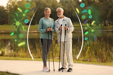 Image of Senior man and woman with walking sticks outdoors surrounded by drawn viruses. Healthy lifestyle - base of strong immunity