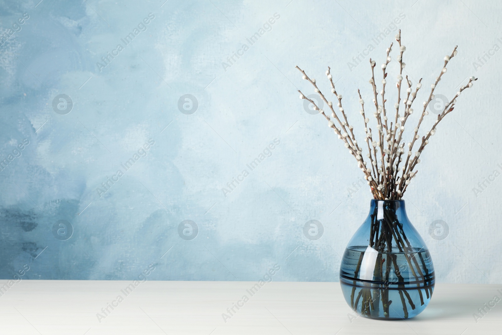 Photo of Beautiful pussy willow branches in glass vase on white wooden table against light blue background, space for text