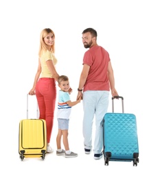 Photo of Family with suitcases on white background. Vacation travel