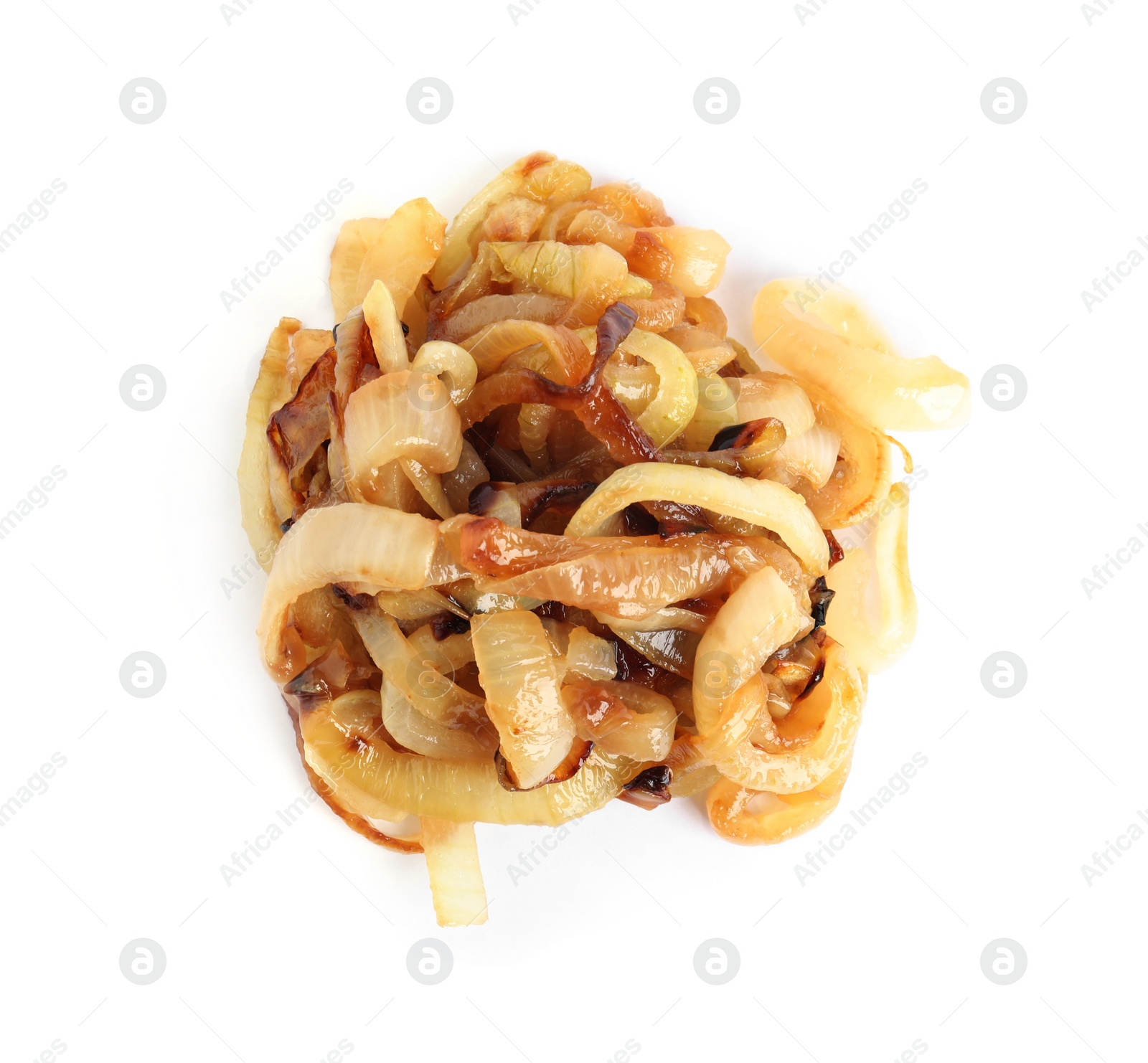 Photo of Pile of tasty fried onion isolated on white, top view