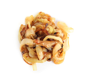 Pile of tasty fried onion isolated on white, top view