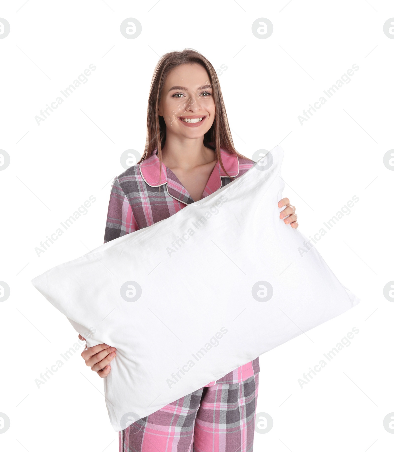 Photo of Young woman with pillow on white background