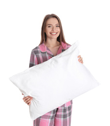 Young woman with pillow on white background